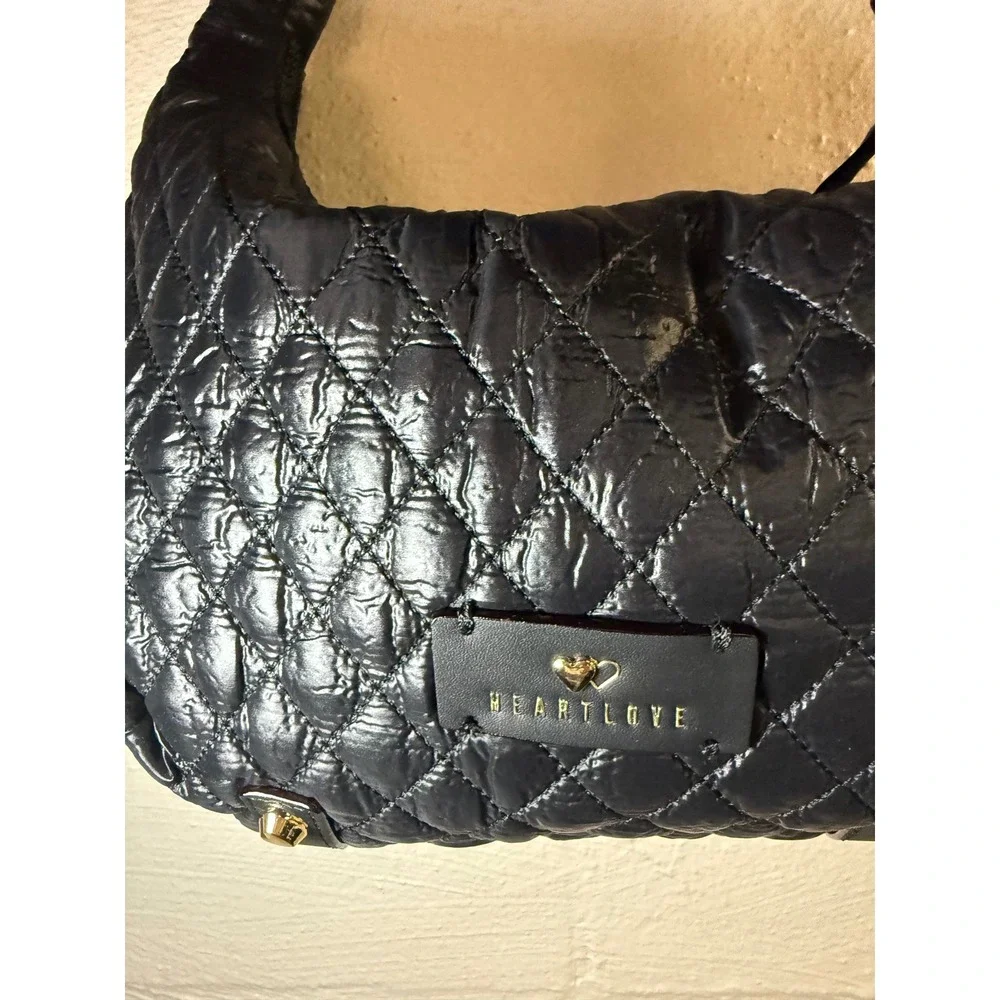 HeartLove by Charo Black Quilted Puffer Hobo Bag‎ Recycled Vegan Leather NWT